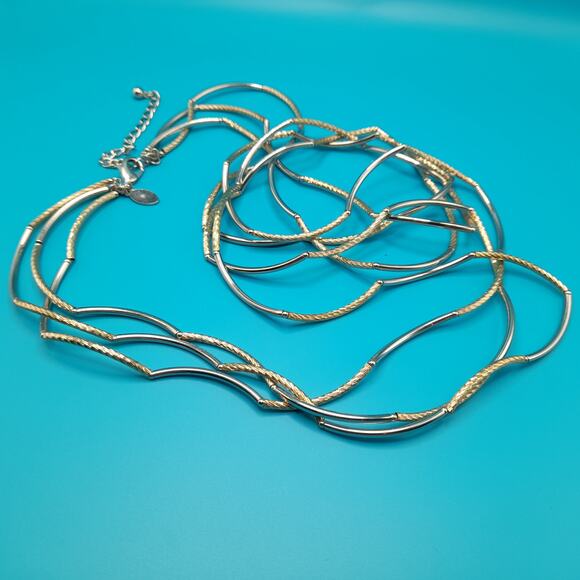 Chico's Gold Silver Tone Curved Bead Necklace, 38", Three Strands - Picture 4 of 12